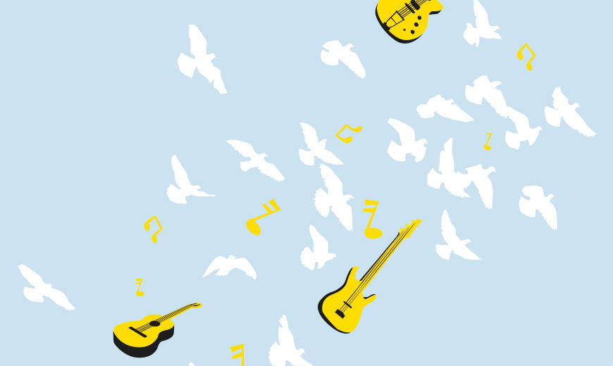 Das Festival PxP wird mit Tauben und Gitarren symbolisiert